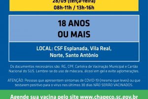 Aberto novo agendamento de vacina para  maiores de 18 anos