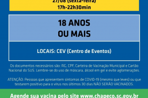 Chapec&oacute; abre agendamento para 18 anos ou mais