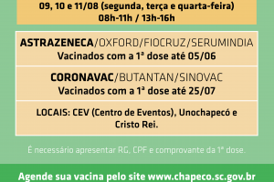 Aberto agendamento de segunda dose de hoje at&eacute; quarta-feira