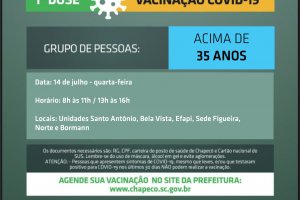 Novo agendamento para vacinar 35 anos ou mais, na quarta-feira