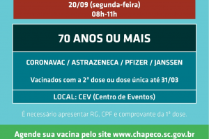 Novo agendamento de refor&ccedil;o contra a Covid para maiores de 70 anos