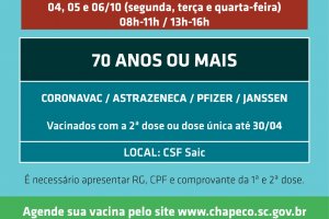 Novo agendamento de reforço para idosos com mais de 70 anos e imunodeprimidos