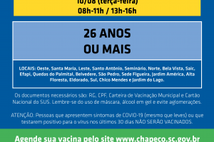 Chapec&oacute; abre vacina&ccedil;&atilde;o para 26 anos ou mais