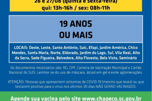 Vacina&ccedil;&atilde;o: abre novo agendamento para 19 anos ou mais