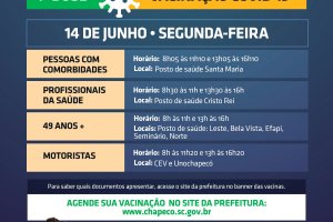 Segunda-feira terá vacinação para 49 anos e de outros grupos