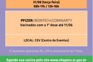 Aberto  agendamento de segunda dose, inclusive Pfizer