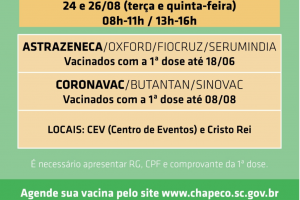 Segunda dose será na terça e na quinta