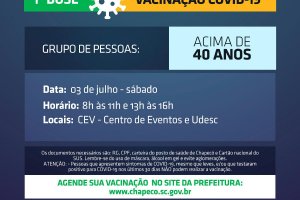 Chapecó terá vacinação para 40, 41, 42 ou mais também no sábado