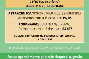 Estendido o agendamento da segunda dose para quinta-feira
