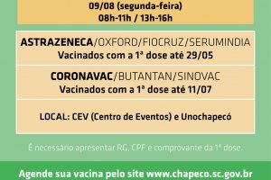 Aberto agendamento de segunda dose para a pr&oacute;xima semana