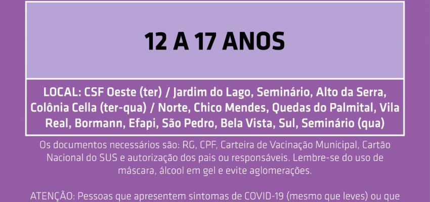 Aberto agendamento de 12 a 17 anos completos