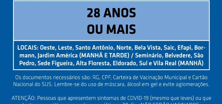 Aberto agendamento para vacina&ccedil;&atilde;o de 28 anos ou mais
