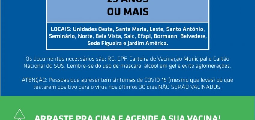 Chapec&oacute; abre agendamento de vacina&ccedil;&atilde;o para 29 anos ou mais