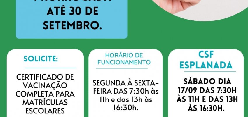S&aacute;bado ter&aacute; vacina&ccedil;&atilde;o no CSF Esplanada