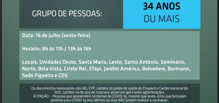 Vacina: aberto novo agendamento para 34 anos ou mais na sexta-feira