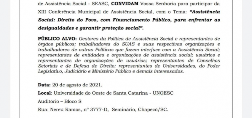 Confer&ecirc;ncia Municipal de Assist&ecirc;ncia Social ser&aacute; nesta sexta-feira