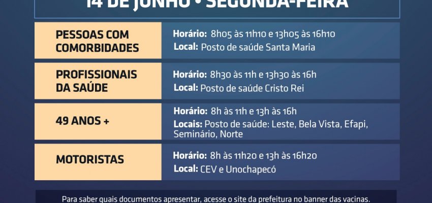 Segunda-feira terá vacinação para 49 anos e de outros grupos