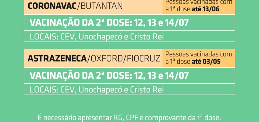 Aberto agendamento de segundas doses