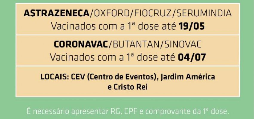 Estendido o agendamento da segunda dose para quinta-feira