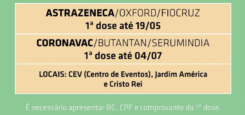 Aberto agendamento para segundas doses da vacina contra a Covid