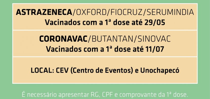 Aberto agendamento de segunda dose para a pr&oacute;xima semana