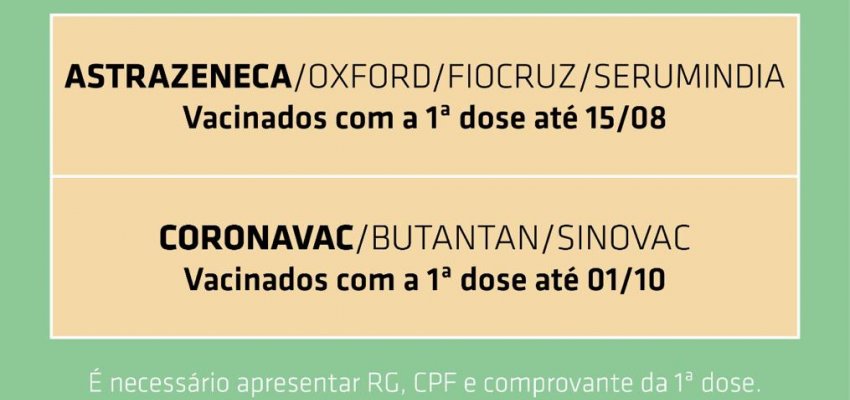Aberto agendamento de segunda dose para sábado