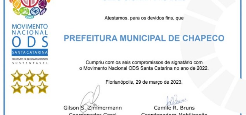 Chapec&oacute; recebe Selo Signat&aacute;rio ODS 2023