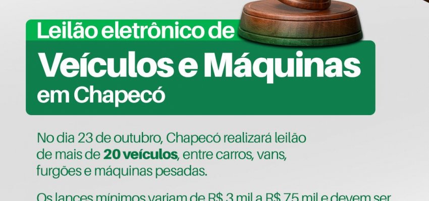 Prefeitura de Chapec&oacute; realiza leil&atilde;o de ve&iacute;culos na pr&oacute;xima quinta-feira