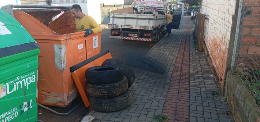 Prefeitura encontra descarte irregular de pneus em cont&ecirc;ineres de lixo dom&eacute;stico